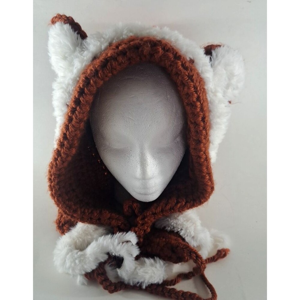 Handmade Crochet Hat Bonnet Hood Fox Ears Brown White Trim Corset Tie Cosplay